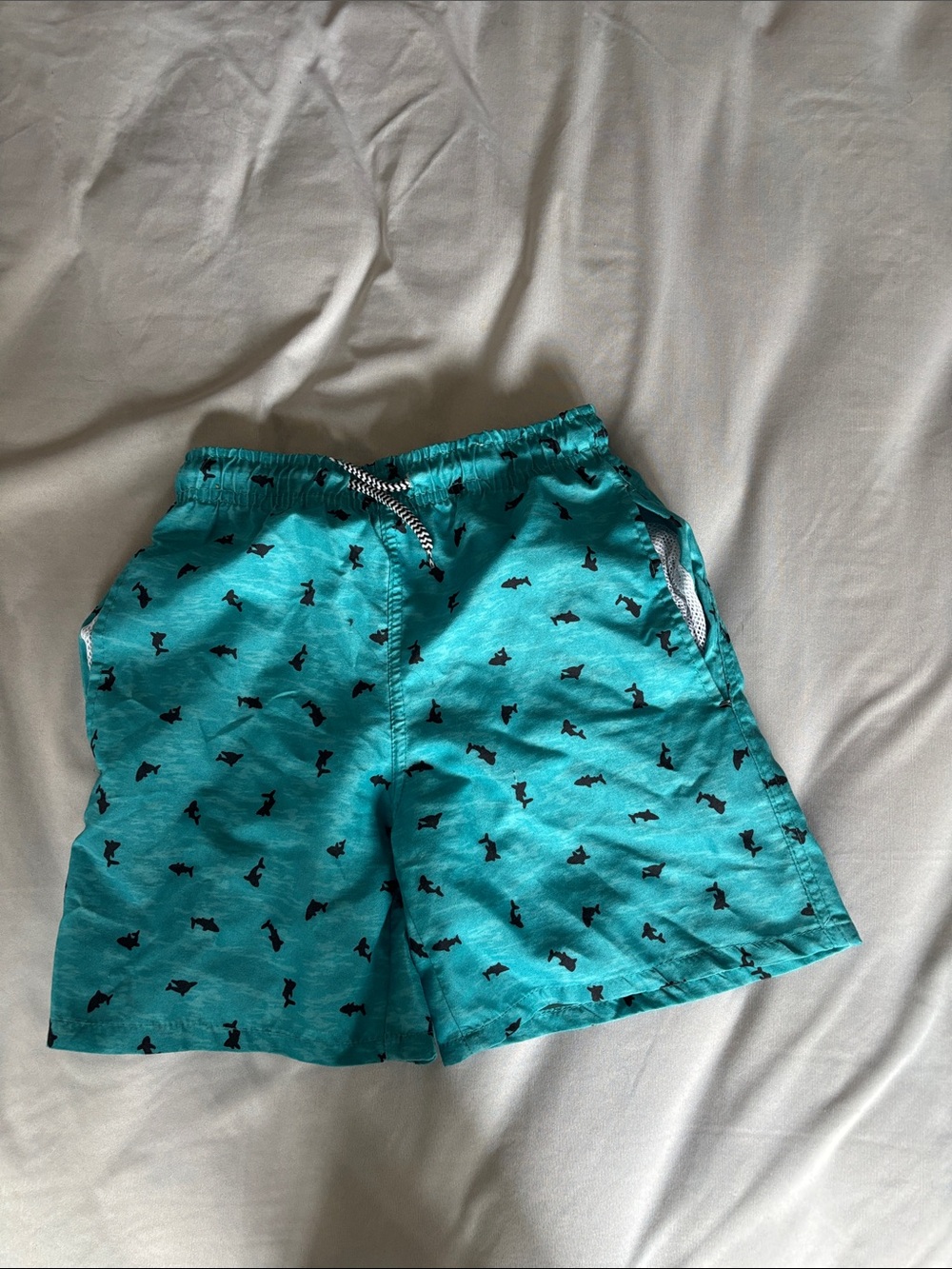 Turquoise Shark Print Kids Swim Shorts